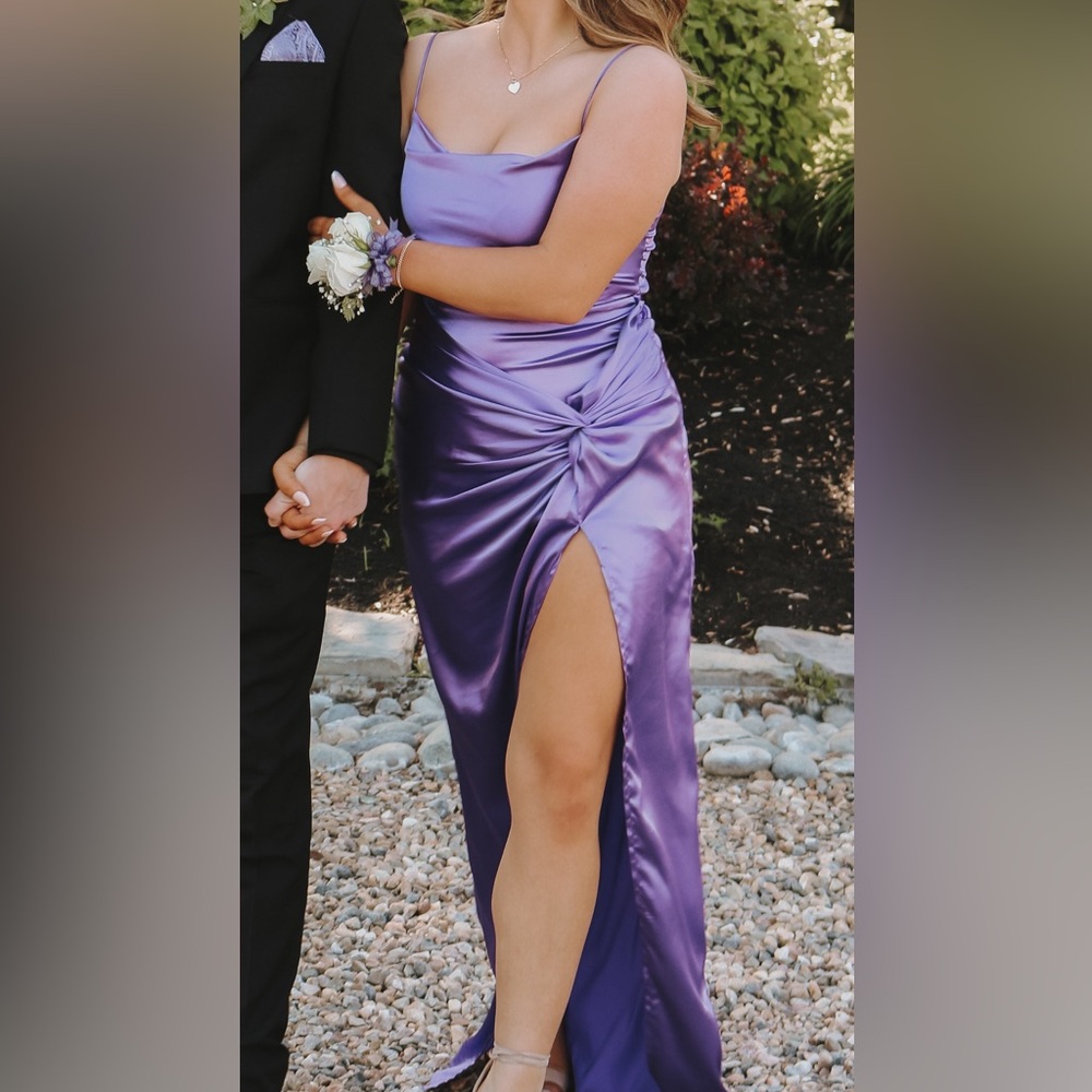 Purple satin prom dress with slit and open back